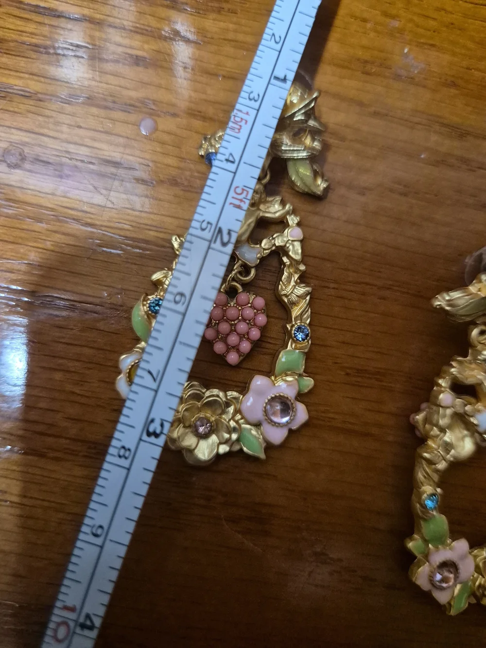 Gold Floral Drop Earrings with Pink and Green Enamel Accents